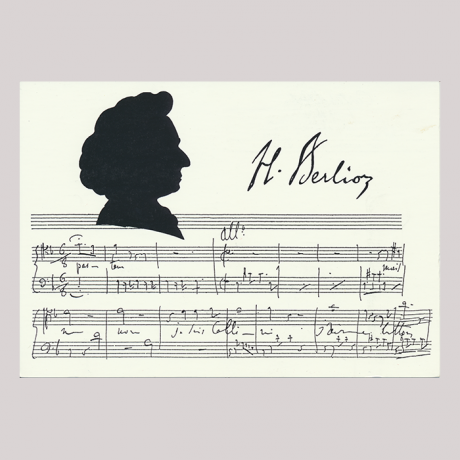 
        Front of silhouette, with man looking right, in the background musical stave.